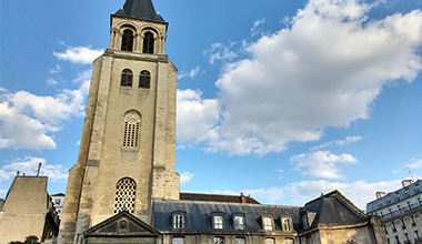 Frontal view of Saint-Germain-des-Pres church in Paris, France